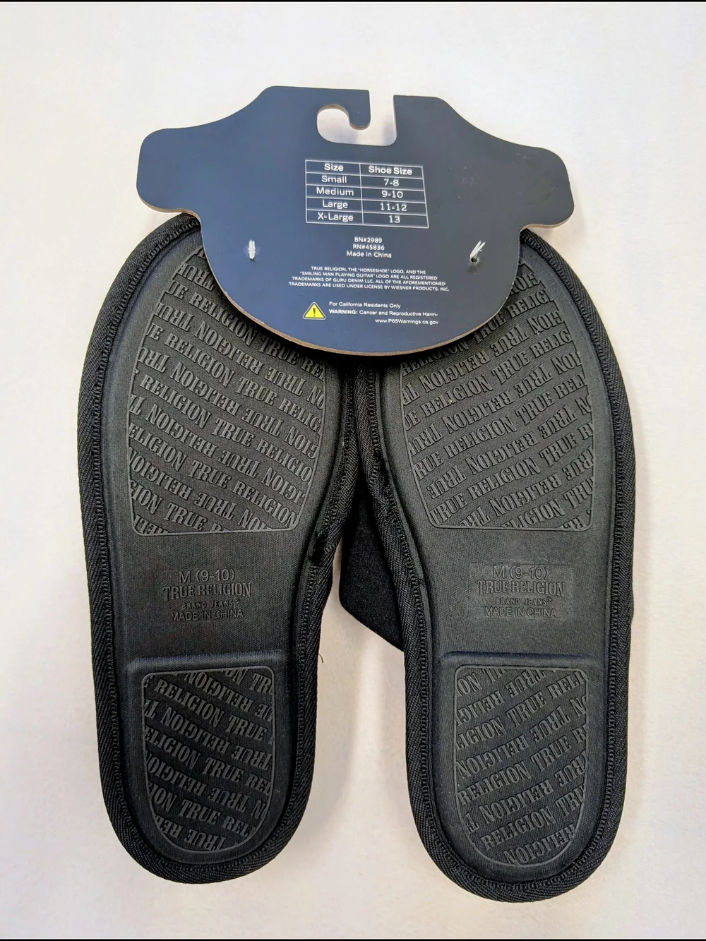 True Religion Men's Black Logo Slippers White Plush Lining NWT Size 9-10